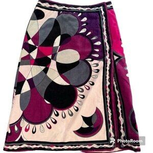 Vintage 70s Emilio Pucci Multicolor Signature Print Velvet Midi Skirt Sz 12